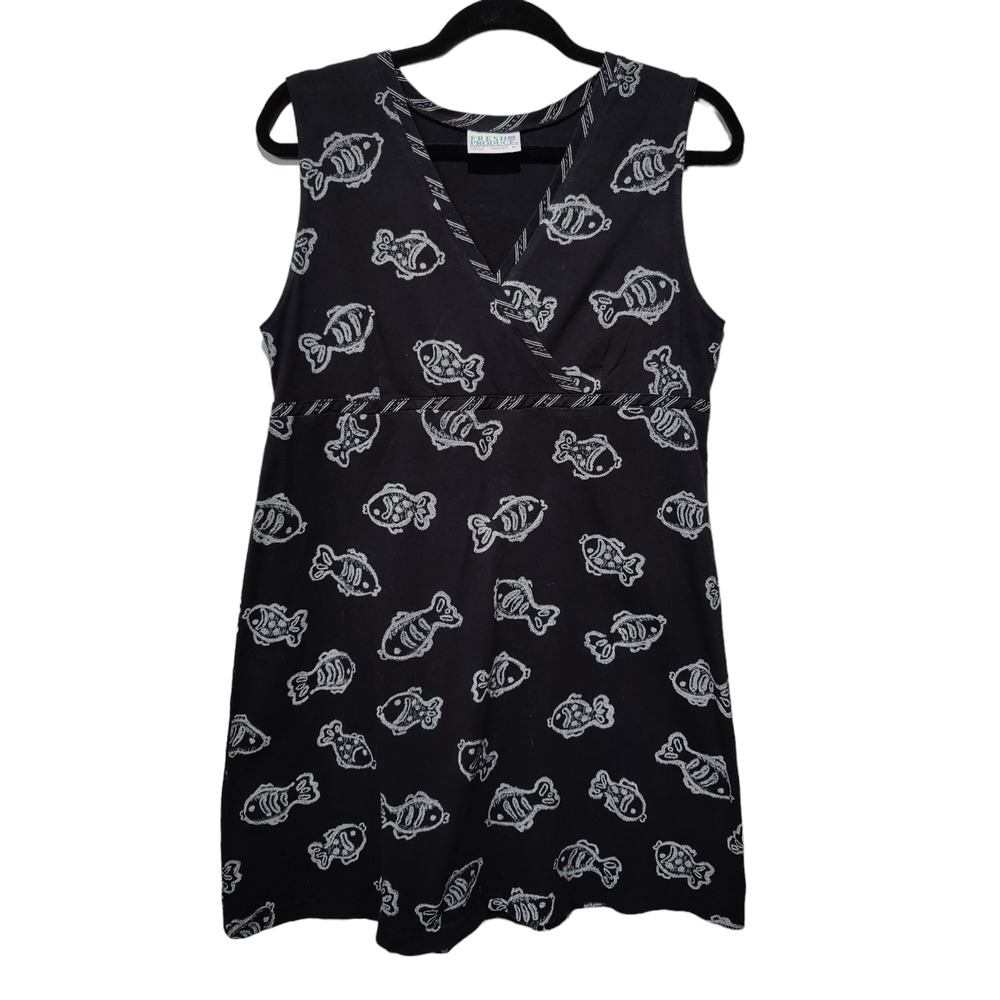 Vintage 90s Fresh Produce Sz M Baby Doll Dress Black White Fish Print Sleeveless